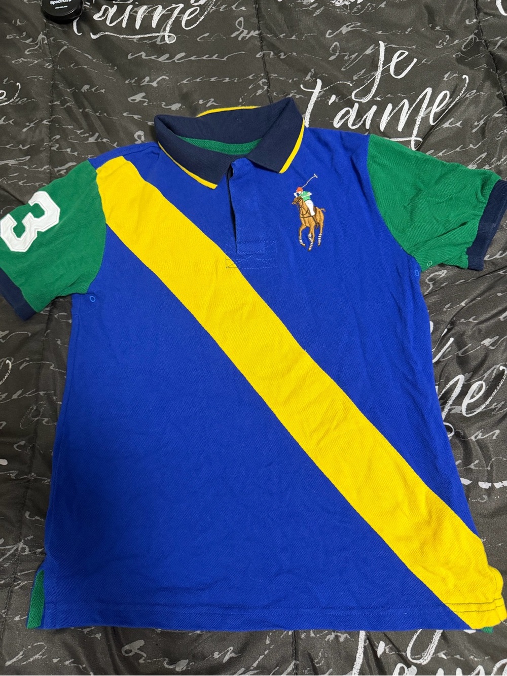 Polo by Ralph Lauren Blue Polo with Yellow Diagonal Stripe and Green Sleeves